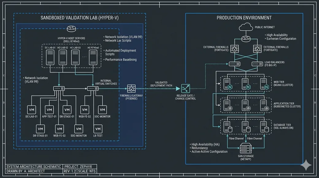 Sandbox versus production network topology used for Lab First validation